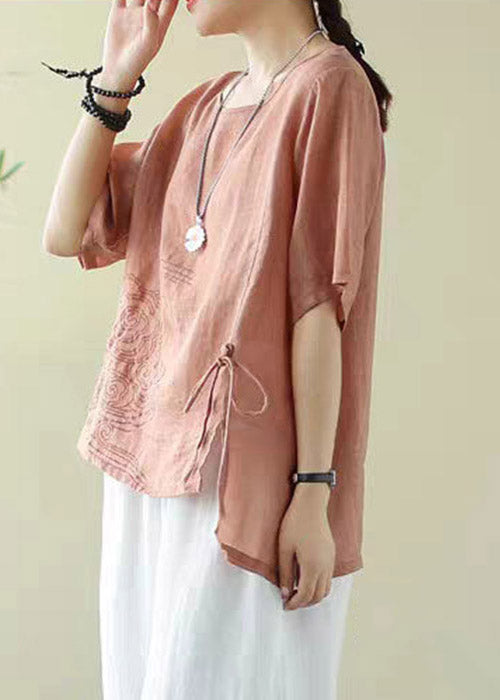 Classy Orange O-neck Embroideried Drawstring Low High Design Cotton Tops Short Sleeve