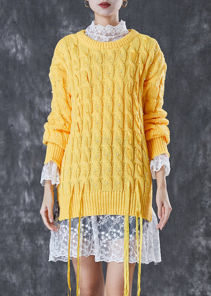 Yellow Nail Bead Side Open Knit Sweaters Winter