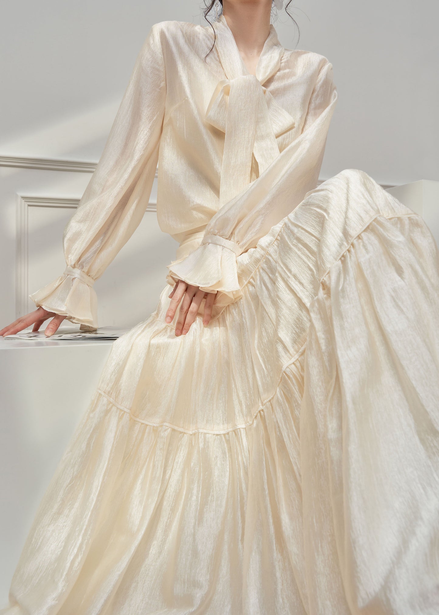 Apricot Petal Sleeve Shirts and Skirts Silk Two Pieces Set Spring