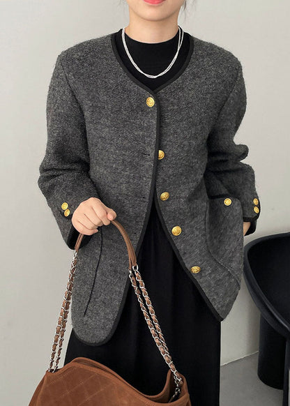 Grey O-neck Button Woolen Jackets Spring