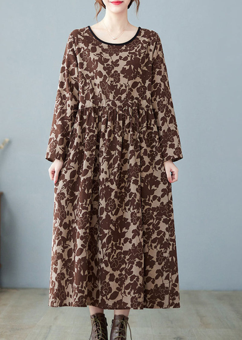 Chocolate Print Patchwork Wrinkled Linen Holiday Dress Spring