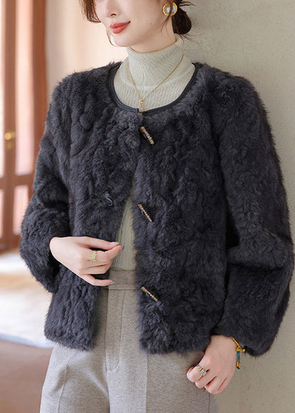 Dark Grey O-neck Thick Faux Fur Coat Winter