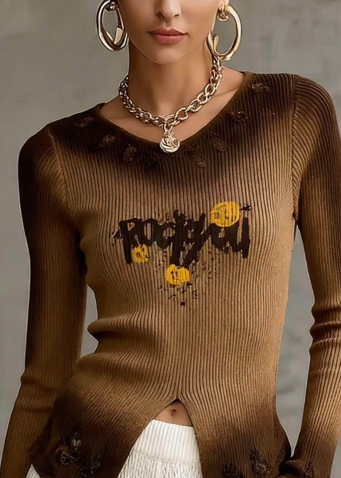 Italian Brown Gradient V Neck Print Knit Top Spring