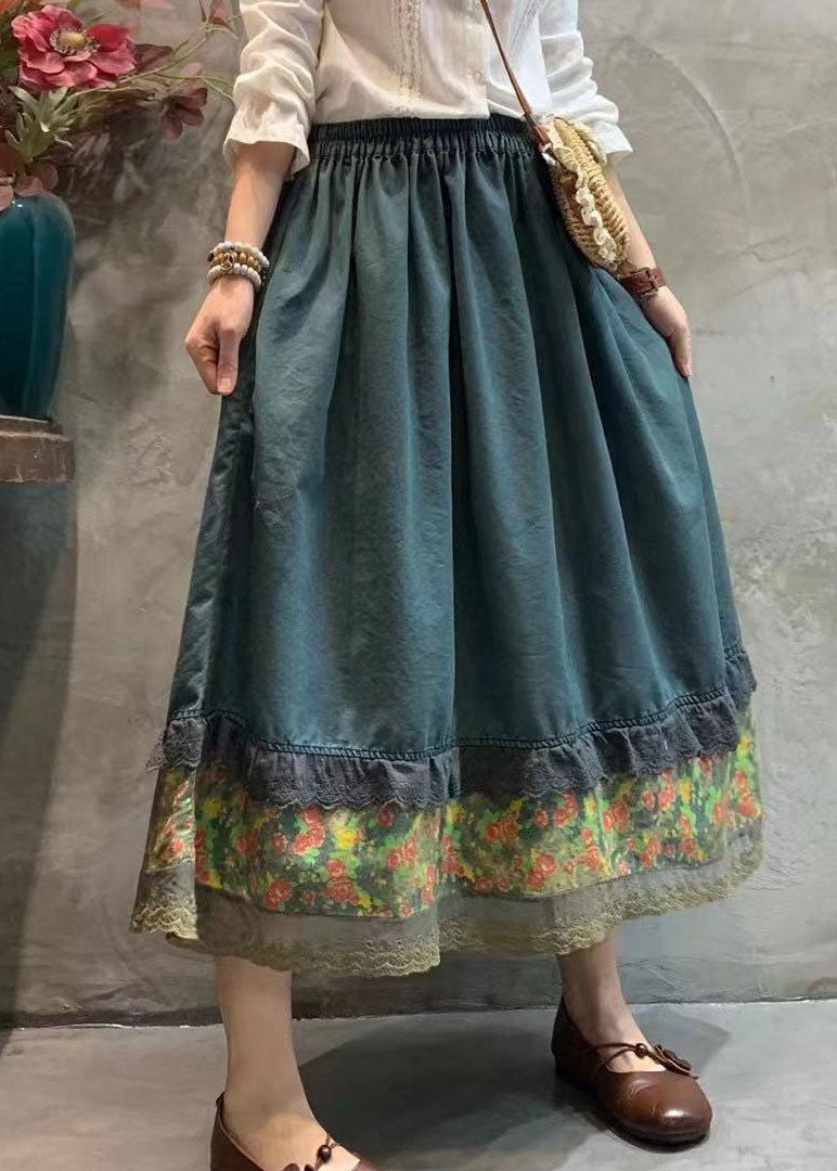 Dark Blue Elastic Waist Lace Patchwork Skirt Spring