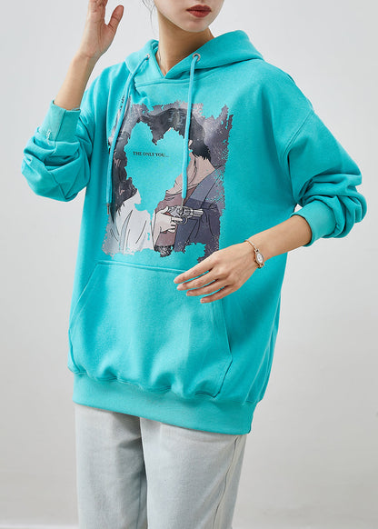Blue Hooded Pocketsprint Cotton Sweatshirt Fall