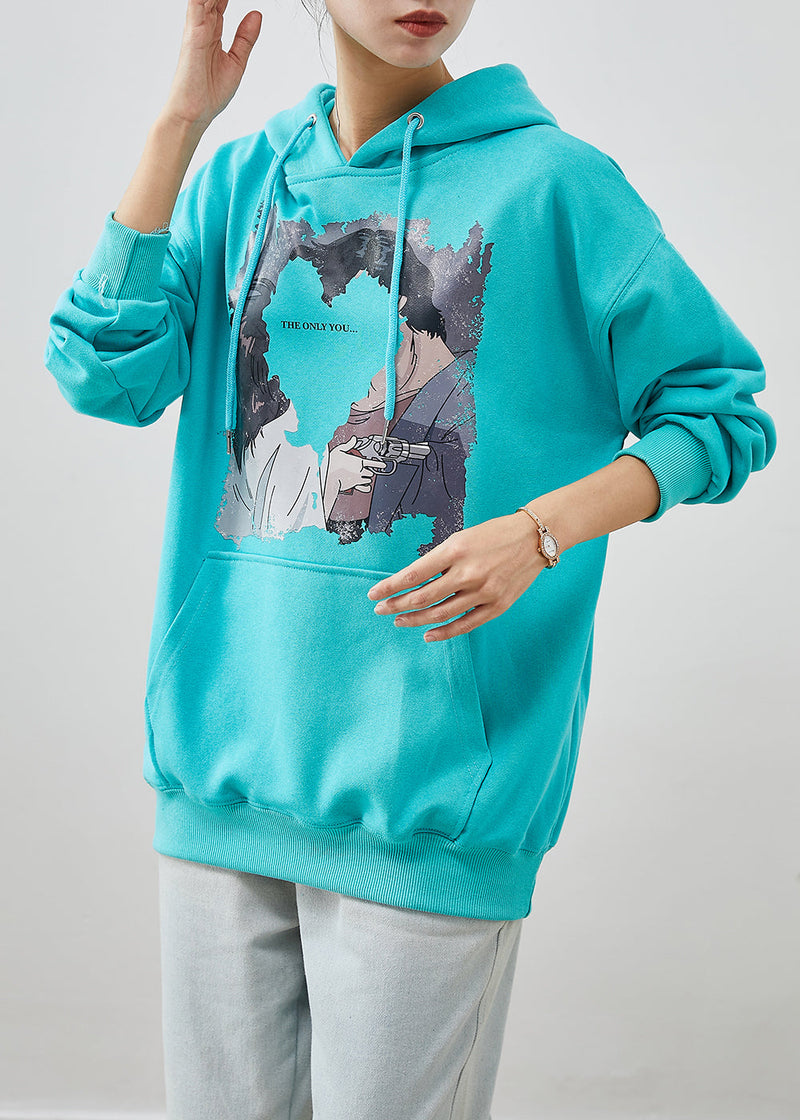 Blue Hooded Pocketsprint Cotton Sweatshirt Fall