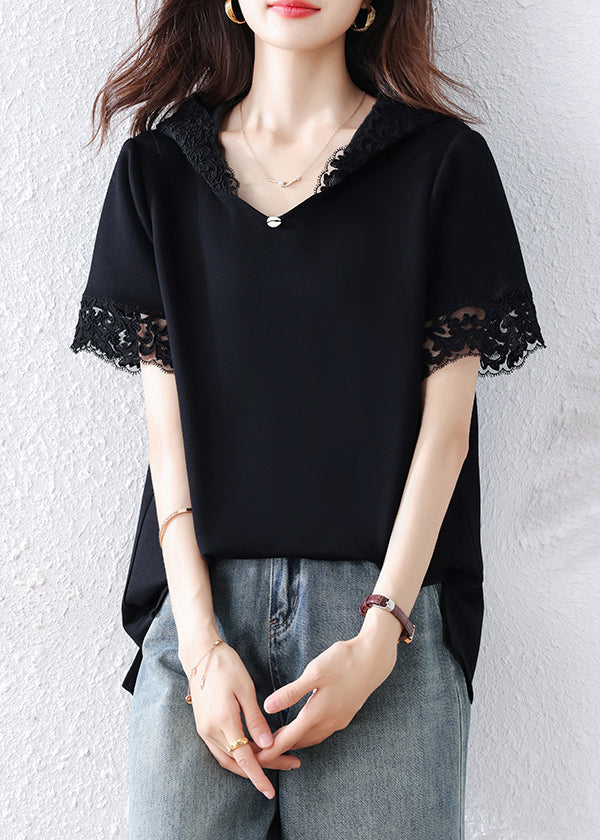 Black Hooded Patchwork Lace Tank Summer