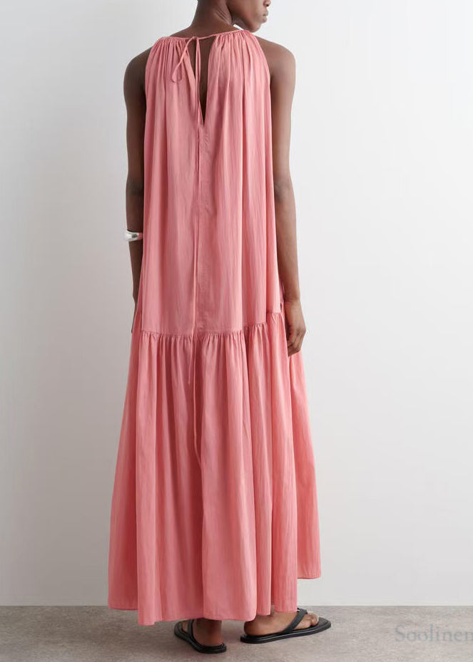 Pink Cold Shoulder Wrinkled Cotton Sundresses Summer