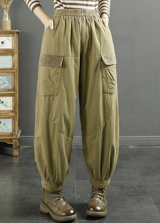 Khaki Pockets Elastic Waist Fine Cotton Filled Pants Winter