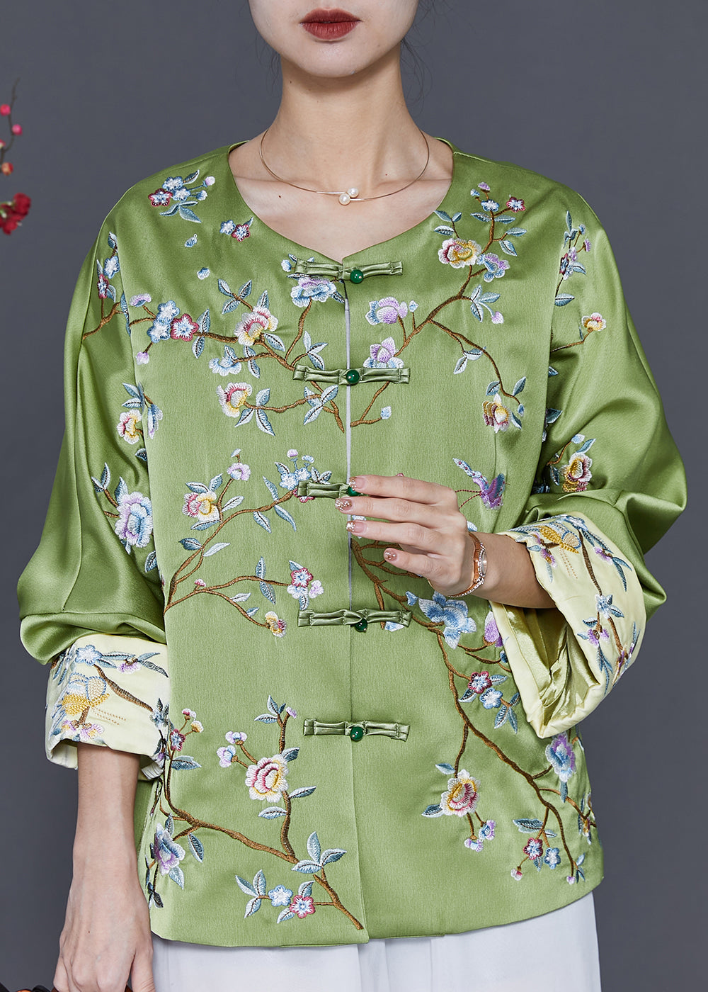 Chinese Style Green Print Silk Coat Spring