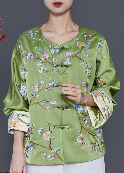 Chinese Style Green Print Silk Coat Spring