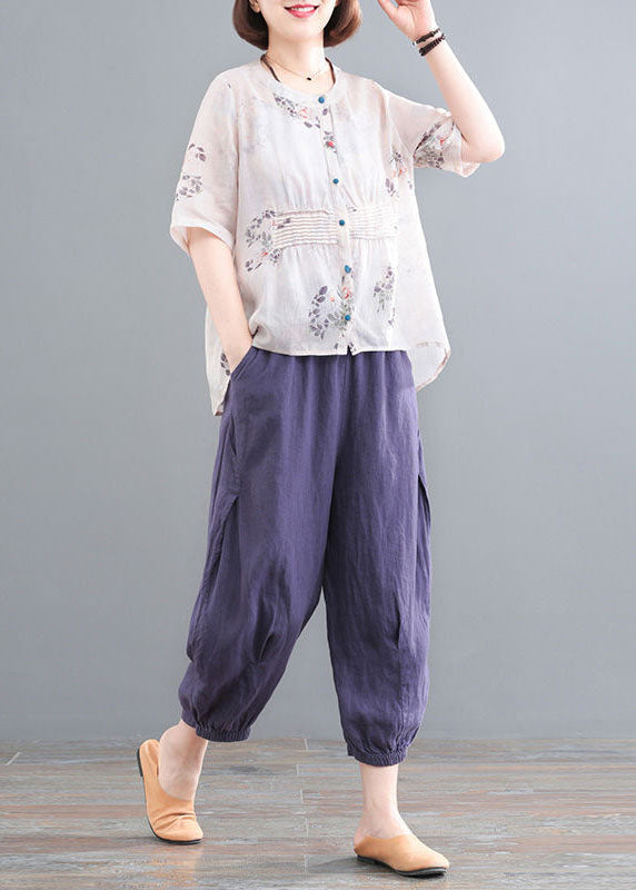 Apricot Wrinkled Print Linen Two Piece Set Outfits Short Sleeve