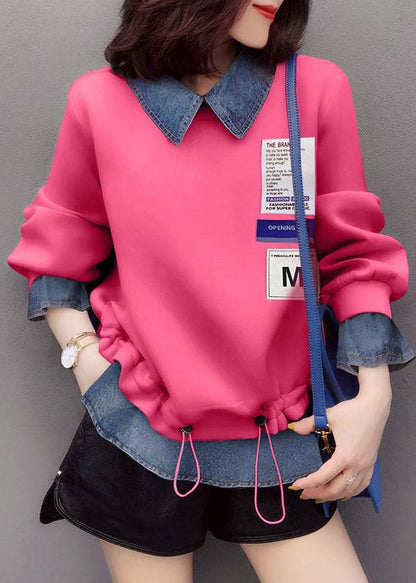 Pink Drawstring Peter Pan Collar Denim Patchwork Sweatshirts Top Spring