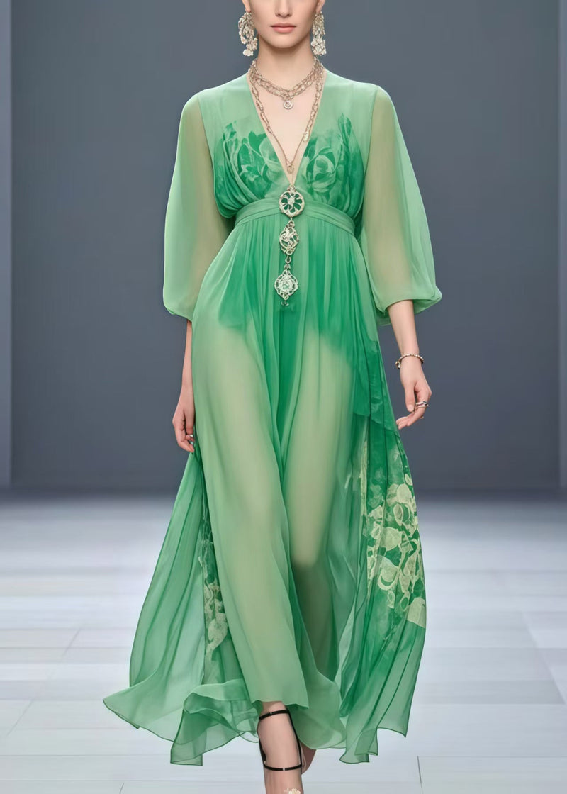 Grass Green Cinched Print Chiffon Robe Dresses Spring