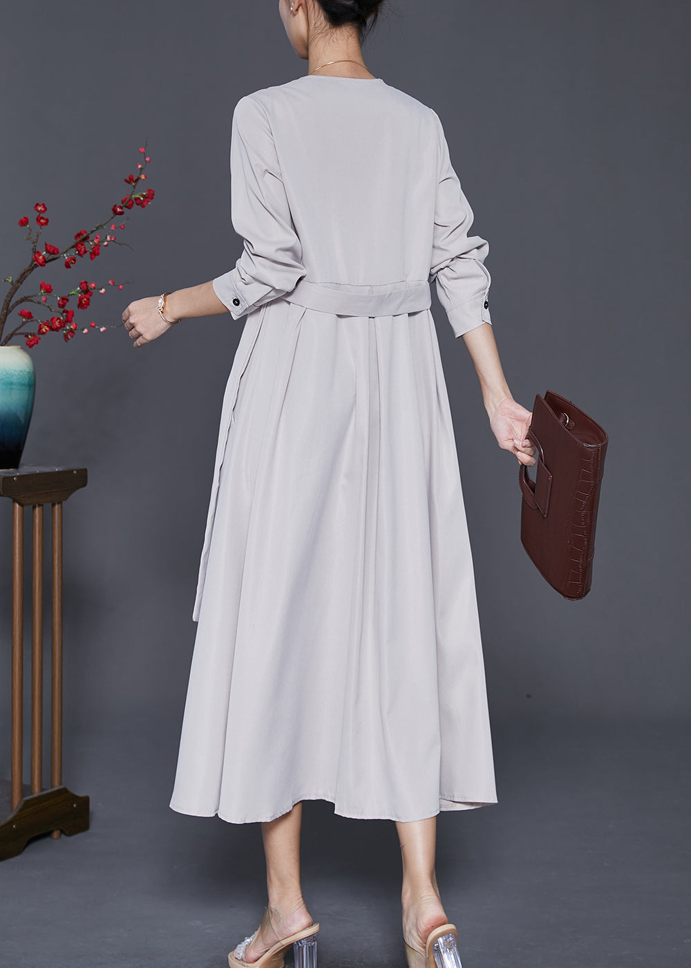 V Neck Tie Waist Exra Large Hem Maxi Dress Fall