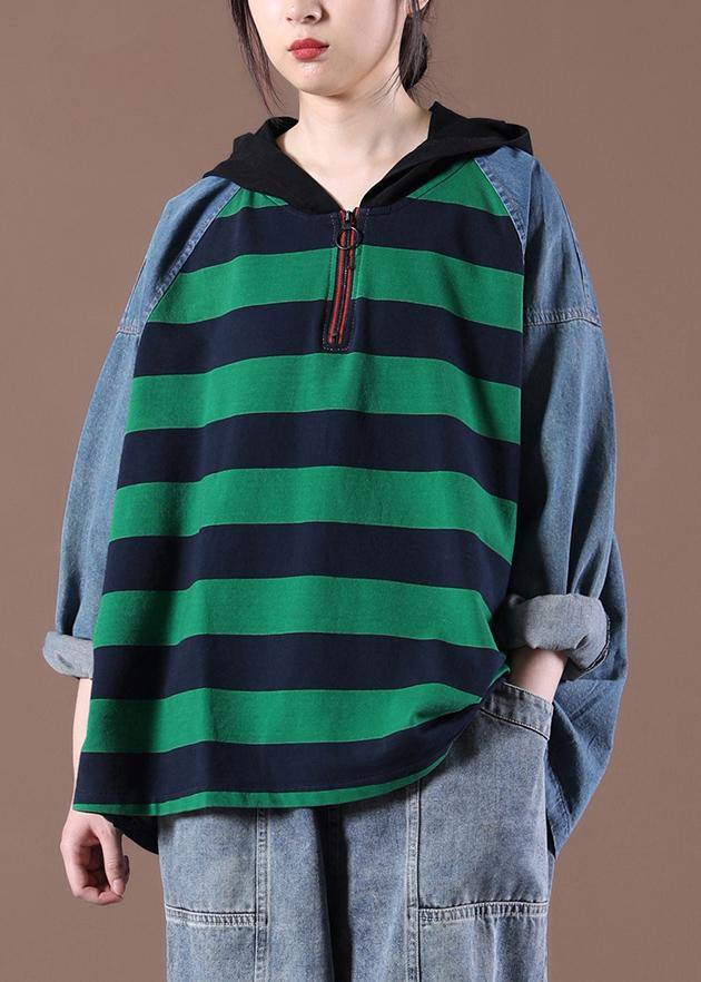 Hooded Sring Shirts Green Striped Tops