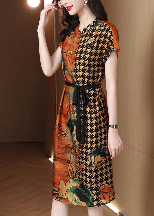 Yellow O-neck Print Tie Waist Chiffon Shirt Dress Short Sleeve