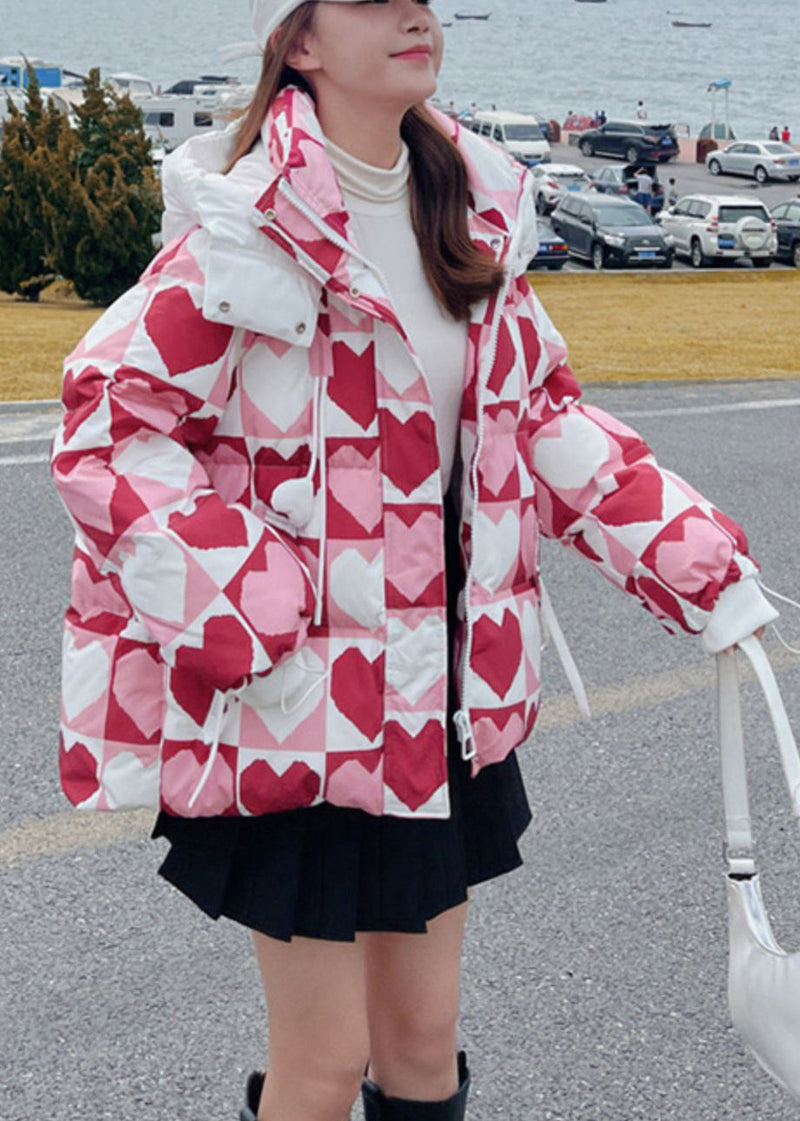 Pink Hooded Heart Print Fine Cotton Filled Jacket in Winter