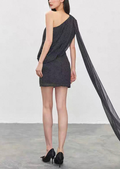 French Black Asymmetrical Dot Tops and Skirts Chiffon Two Pieces Set Summer