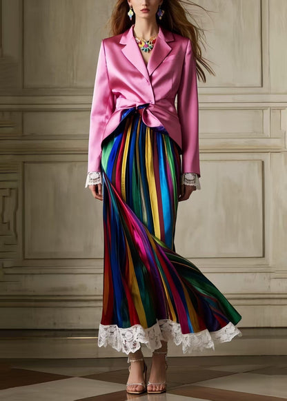 Multicolour Striped Patchwork Lace Silk Pleated Skirt Summer
