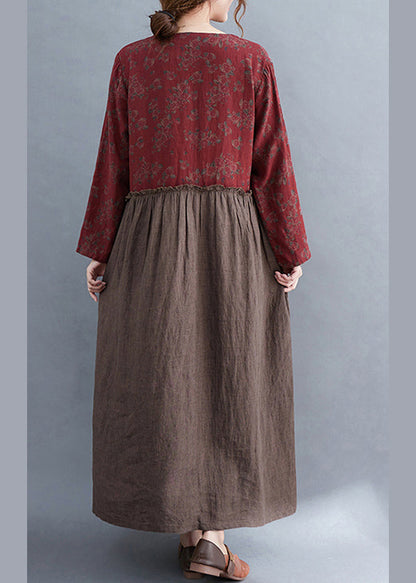 V Neck Tie Waist Ruffled Patchwork Print Linen Dress Long Sleeve