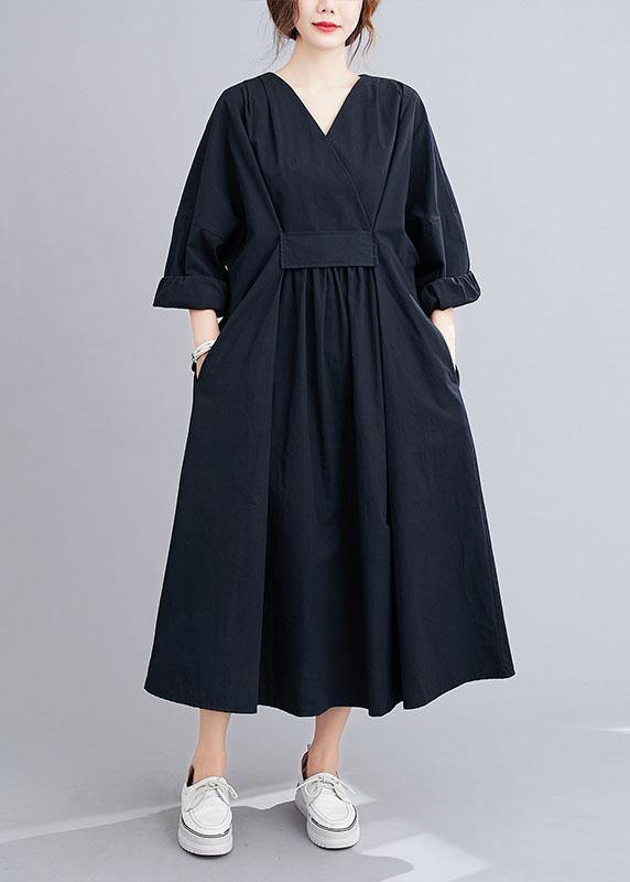 Black Slim Fit V Neck Pockets Fall Long Dresses Long Sleeve