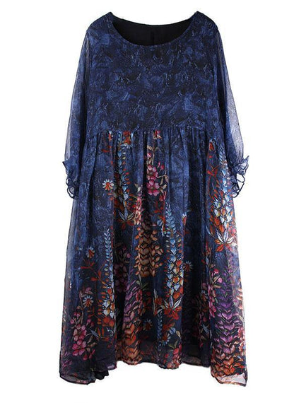 Diy Blue Print Chiffon O-neck Summer Dress