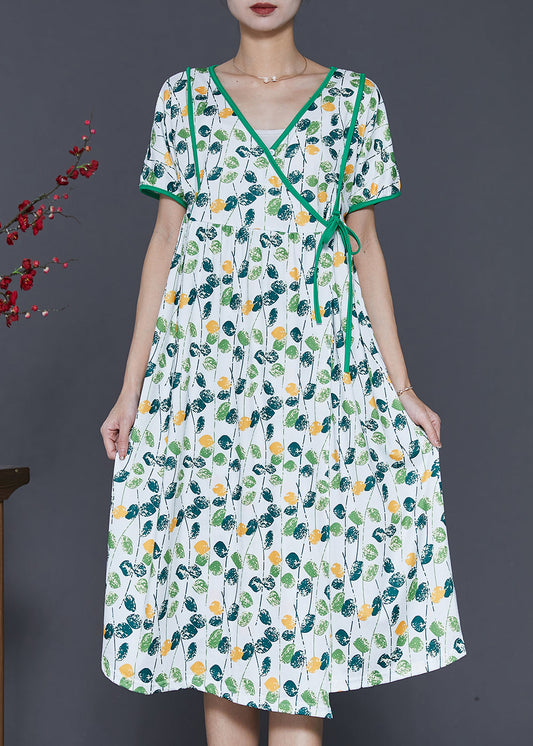 Green V Neck Print Cotton Dresses Summer