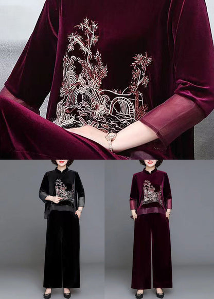 Black Stand Collar Patchwork Velour Two Pieces Set Fall