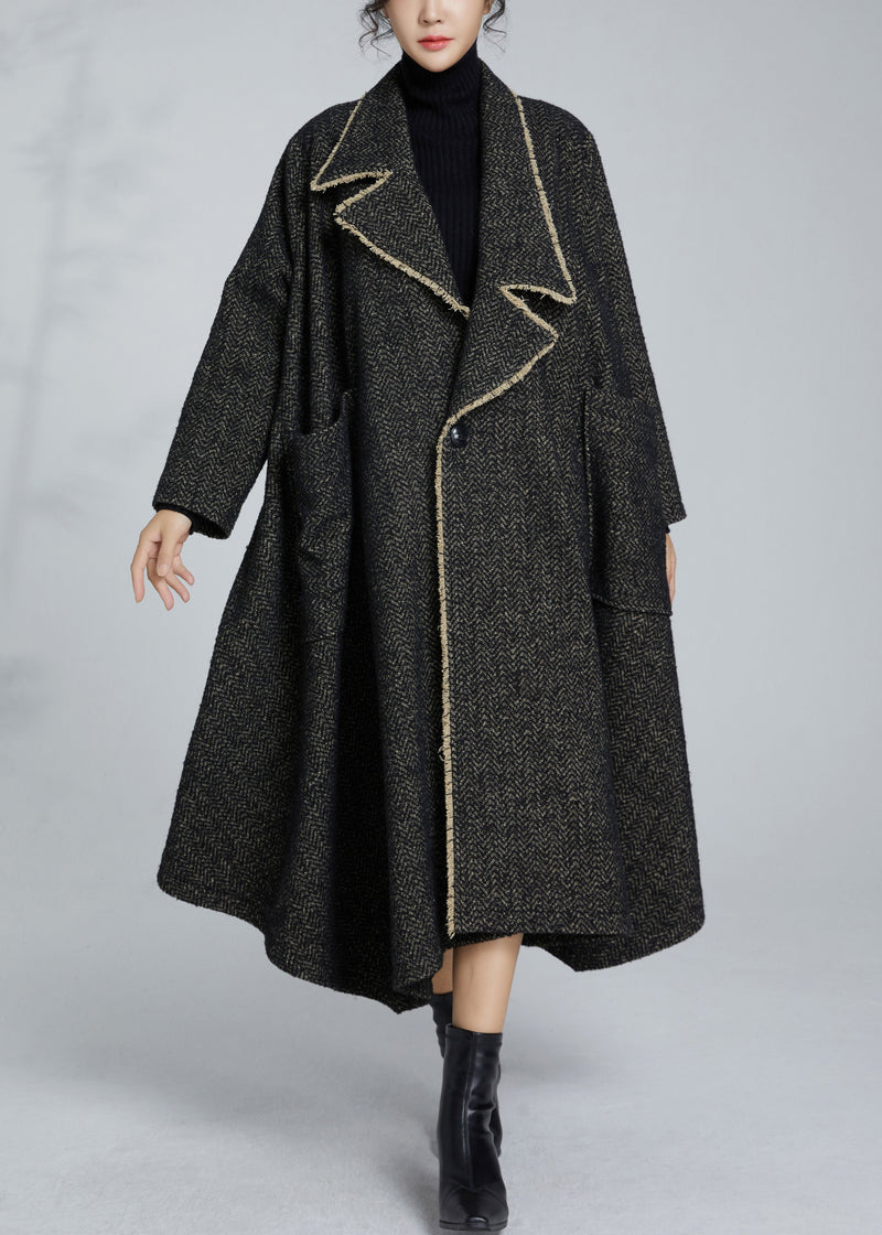 French Grey Notched Button Pockets Woolen Coat Winter