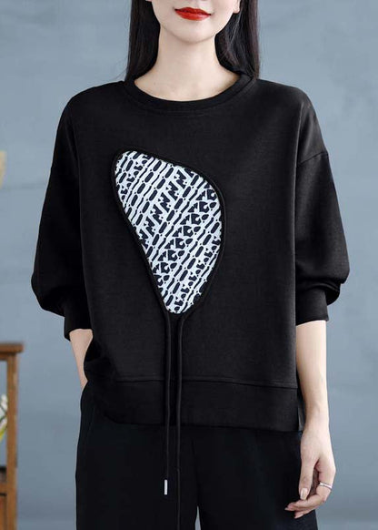 Black Tasseled Cotton Sweatshirts Top Spring