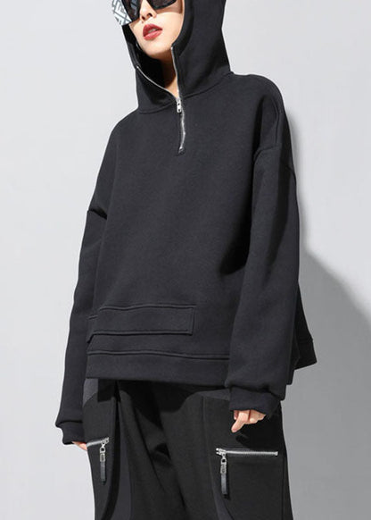 Black Hooded Zippered Asymmetrical Design Fall Sweatshirts Top