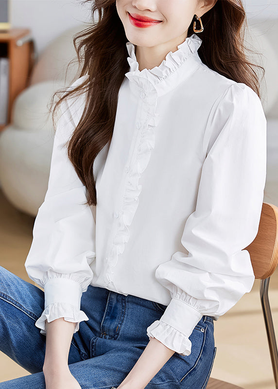 White Stand Collar Ruffled Patchwork Button Shirt Puff Sleeve