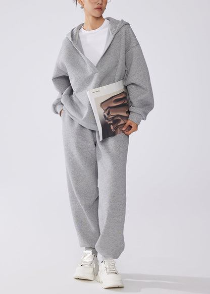 Grey Hooded Cotton Pullover Sweatshirt Two Pieces Set Fall