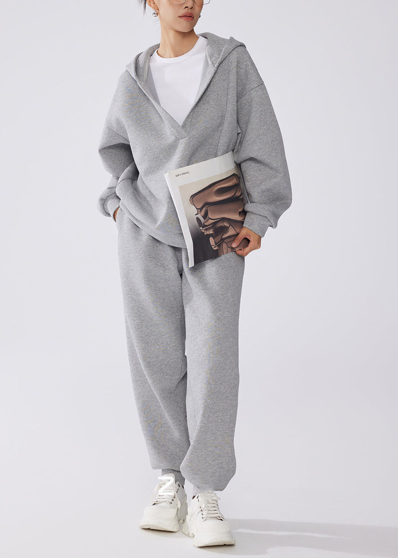Grey Hooded Cotton Pullover Sweatshirt Two Pieces Set Fall