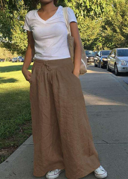 Wide Leg Color Loose High Elastic Waist Side Pockets Pants