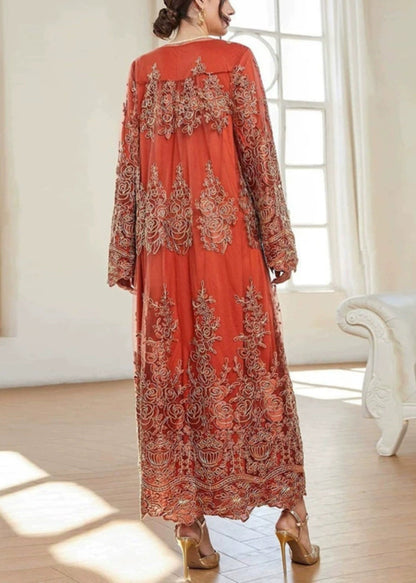 French Orange Embroidered Tulle Two Piece Suit Spring