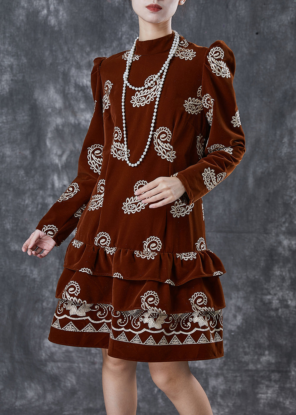 Brown Print Silk Velour Vacation Dress Ruffled Puff Sleeve Spring
