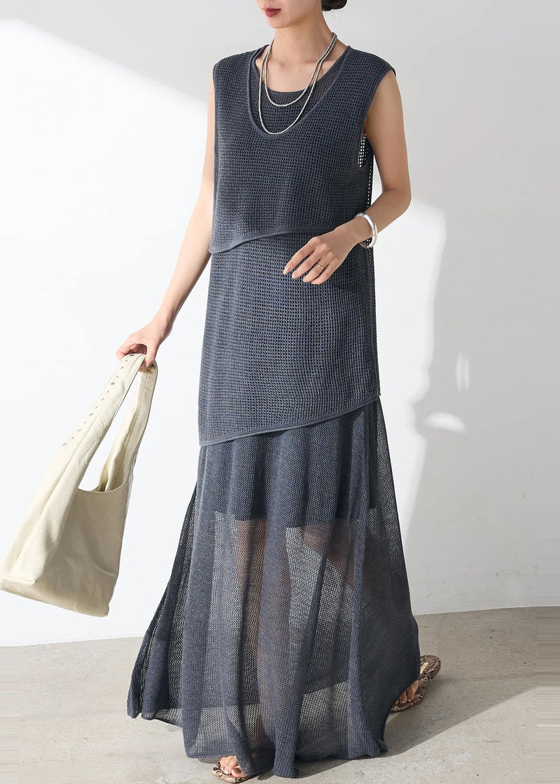 Navy Hollow Out Sheer Tulle Sets 2 Pieces Sleeveless
