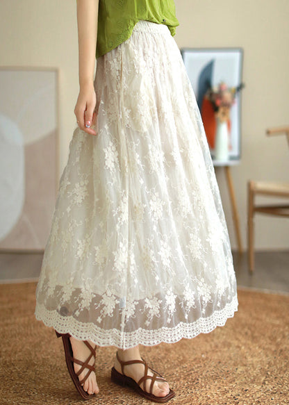 White Embroidered Lace Patchwork Tulle Pleated Skirt Summer