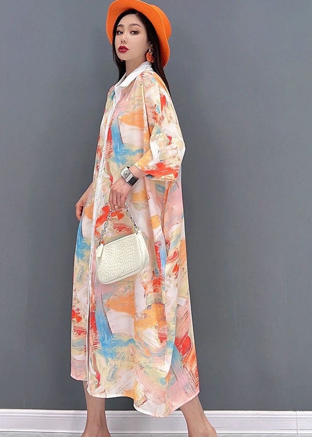 Light Khaki Peter Pan Collar Tie Dye Print Chiffon Shirt Dresses Half Sleeve