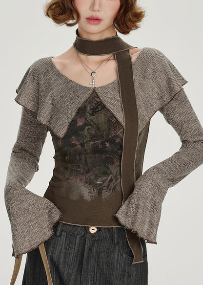 Unique Chocolate Peter Pan Collar Print Top Flare Sleeve