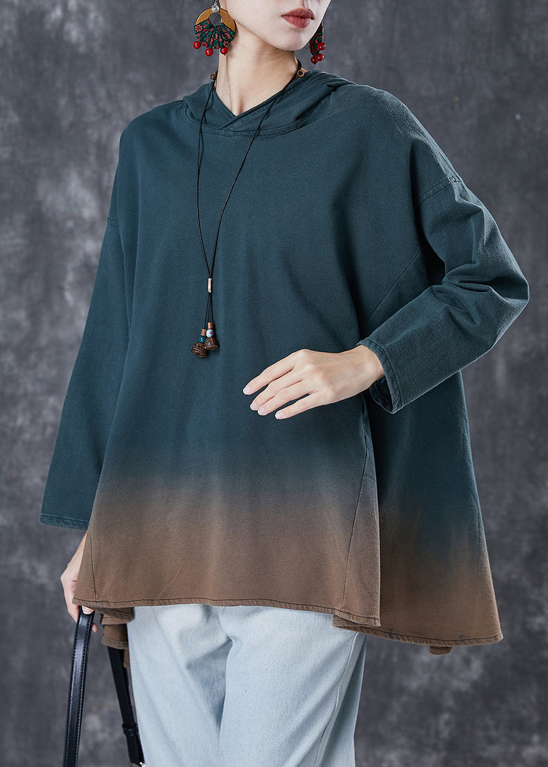Loose Green Hooded Gradient Color Cotton Sweatshirt Spring