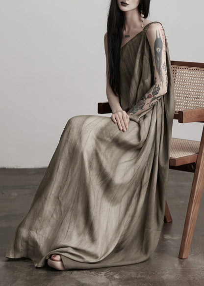 Art Tea Brown Cold Shoulder Wrinkled Patchwork Silk Dresses Summer