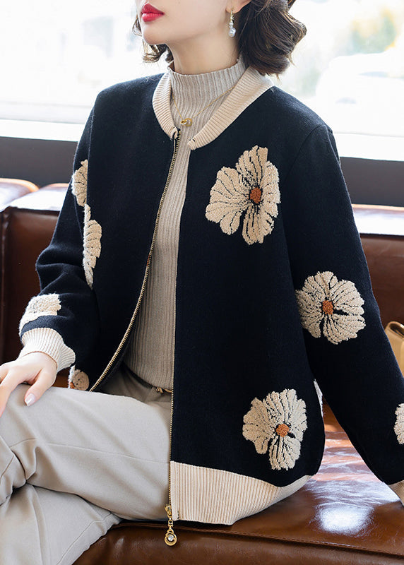 Modern Black O-neck Print Knitted Cotton Cardigans Fall