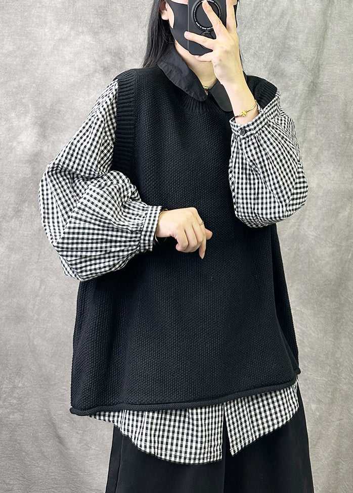 Cozy Black O Neck Knit Vest Tops Sleeveless