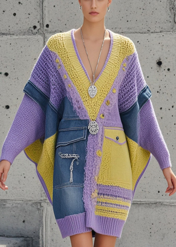 Purple Asymmetrical Patchwork Denim Long Sweater Batwing Sleeve