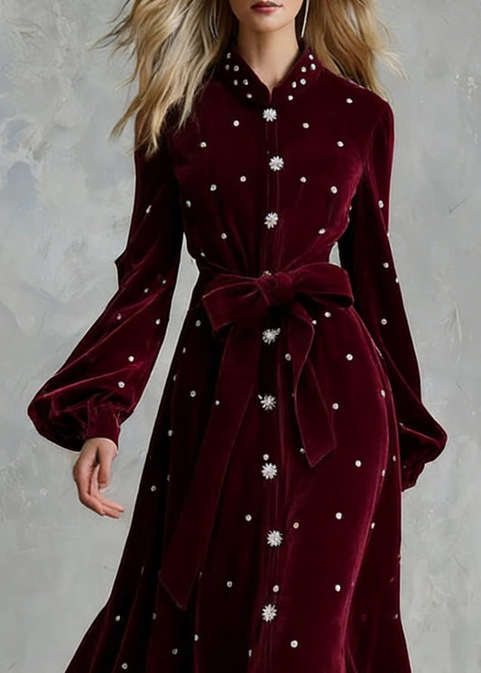Handmade Wine Red Zircon Tie Waist Silk Velvet Maxi Dresses
