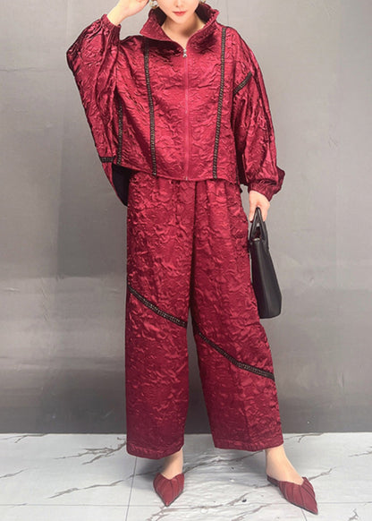 Red Stand Collar Patchwork Cotton Two Piece Set Fall