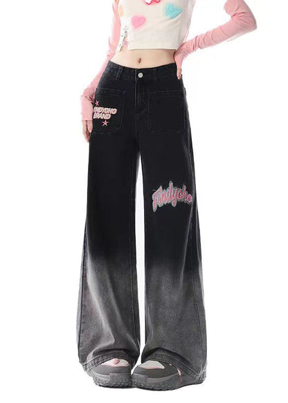French Black Embroideried Pockets Denim Straight Pants Fall